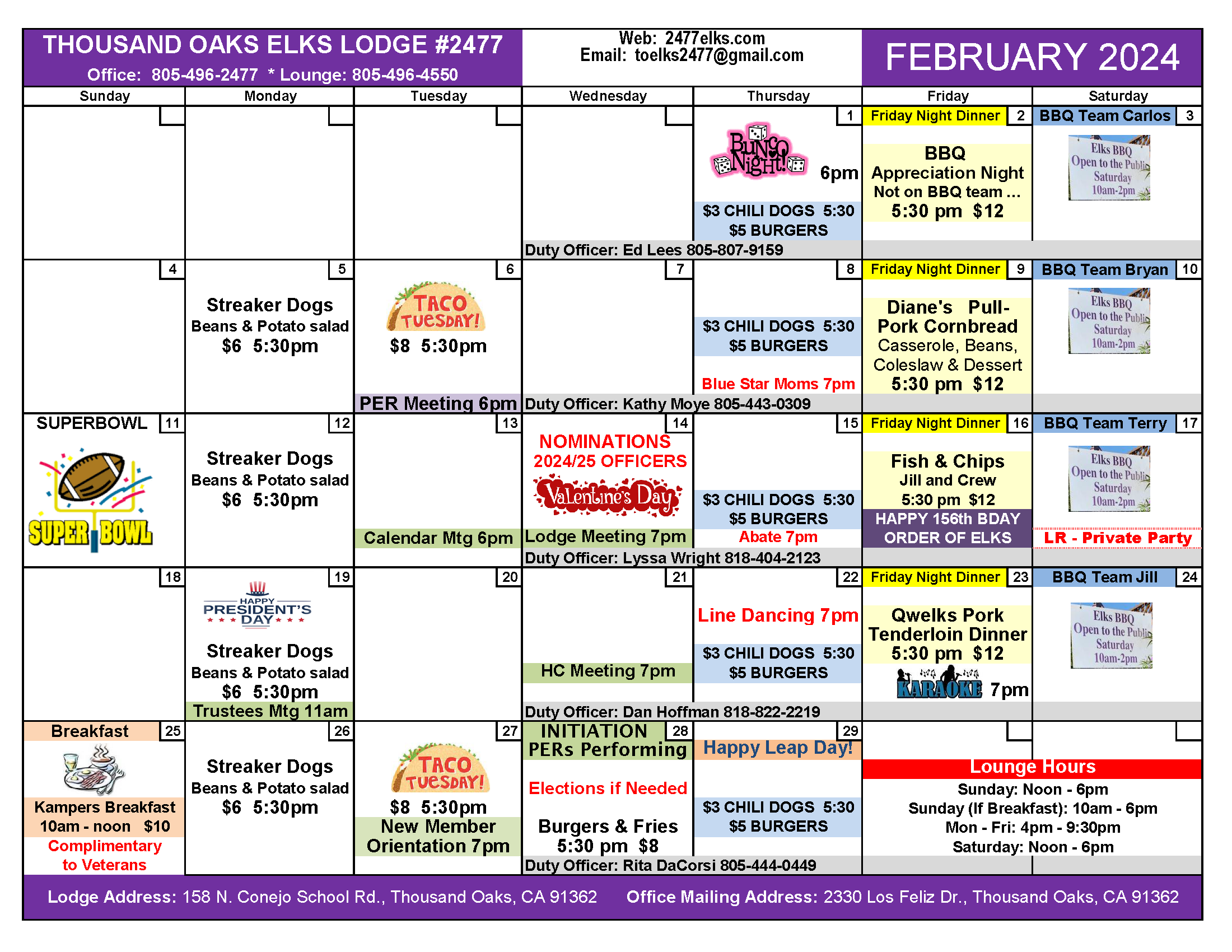 Calendar Thousand Oaks Elks Lodge 2477